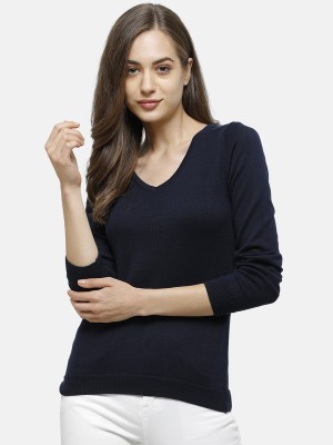 98 Degree North Solid V Neck Casual Women Blue Sweater