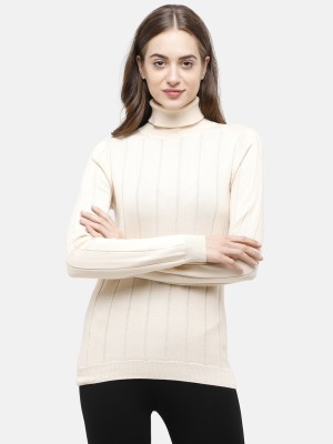 98 Degree North Self Design Turtle Neck Casual Women White Sweater