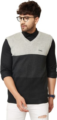 KVETOO Colorblock V Neck Casual Men Black, Grey Sweater