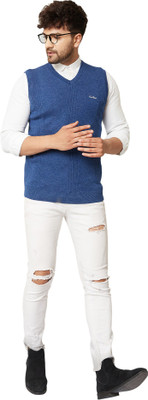 KVETOO Colorblock V Neck Casual Men Blue Sweater
