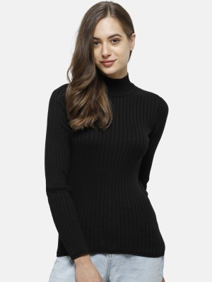 98 Degree North Self Design High Neck Casual Women Black Sweater