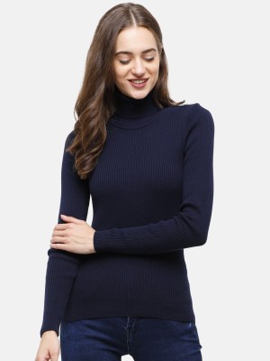 98 Degree North Self Design Round Neck Casual Women Blue Sweater