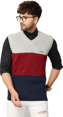 KVETOO Colorblock V Neck Casual Men Multicolor Sweater