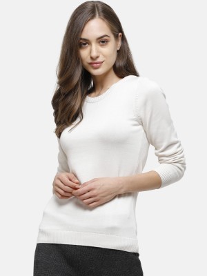 98 Degree North Solid Round Neck Casual Women White Sweater