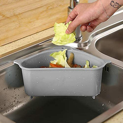 TatvamZone Triangle Shape Sink Storage Rack Drain Shelf Suction Cup Sink Soap Holder Plastic Fruit & Vegetable Basket(Grey)