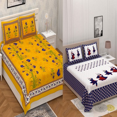 Sugun 151 TC Cotton Double Jaipuri Prints Flat Bedsheet(Pack of 1, BLUE AND yellow)