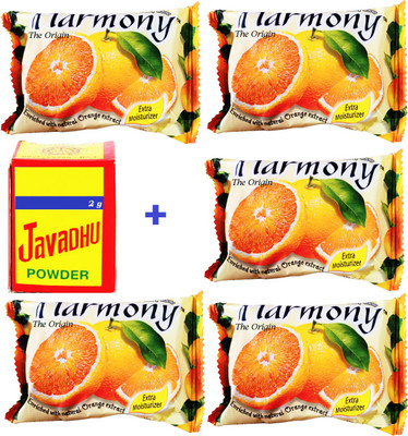 Harmony Fruity Orange Extract Beauty Bath soap with Javadhu Powder Bottle ( 5 Orange Soap + 1 Javadhu Powder Bottle)(6 Items in the set)