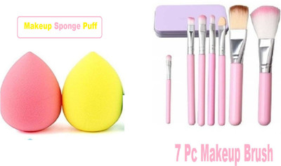 Alkaf 2 Sponge Puff With High Quality Makeup Brush Set of 7 Pink(2 Items in the set)