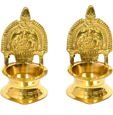Poojan Paatr Brass Laxmi Diya with Stand/Traditional Puja Diya Lamp with Stand/Pooja Lamp – Set of 2. Brass (Pack of 2) Table Diya Set(Height: 3 inch)