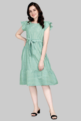 Kinjo Women Fit and Flare Light Green Knee Length Dress