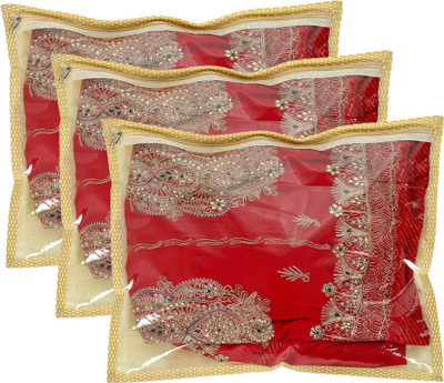KUBER INDUSTRIES Designer Dolli Printed Tranasparent Single Saree Cover With Zip- Pack of 3 (Gold)-HS_38_KUBMART21438 HS_38_KUBMART021438(Gold)