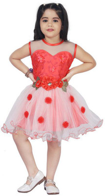 Samshil Fashion Girls Midi/Knee Length Festive/Wedding Dress(Red, Sleeveless)