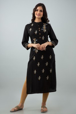 his&her Women Embroidered A-line Kurta(Black)