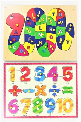 jaraglobal Combo of Wooden English Alphabet Letters Snake Puzzle ( ABCD ) & Counting Numbers Puzzle (1 to 10) with Knob for Preschool Kids, Learning Educational Wooden Puzzle for Kids Multicolor (41 Pieces)(41 Pieces)