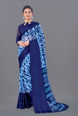 Dwini Printed Daily Wear Georgette, Satin Saree(Blue)