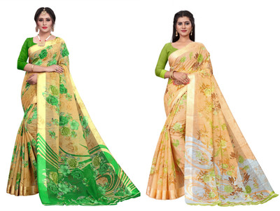 THE PRIVATE LABLE Printed Bollywood Cotton Linen Saree(Pack of 2, Multicolor)
