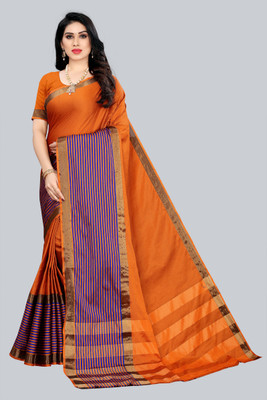 kirz web store Solid/Plain Bollywood Cotton Blend Saree(Orange)