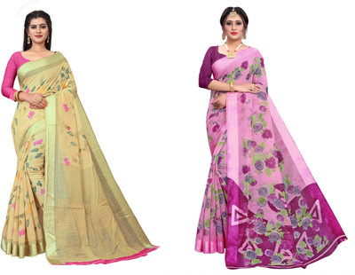 THE PRIVATE LABLE Printed Bollywood Cotton Linen Saree(Pack of 2, Multicolor)