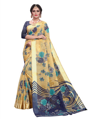 EverEthnic Printed Daily Wear Linen Saree(Dark Blue)