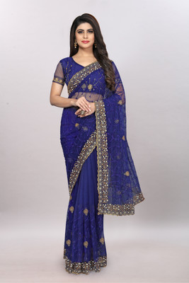 NIVLTA DESIGNER Embroidered Bollywood Net Saree(Blue)