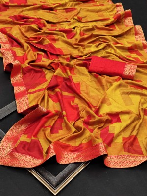 BLEESBURY Printed Bollywood Georgette, Chiffon Saree(Red, Yellow)