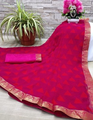 BLEESBURY Printed, Self Design, Hand Painted, Striped, Graphic Print, Floral Print Bollywood Georgette, Chiffon Saree(Pink)