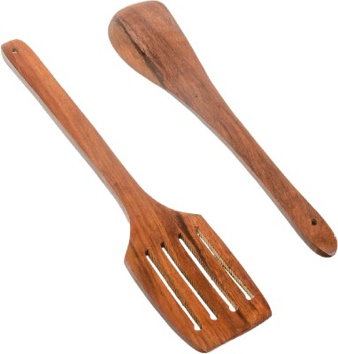 NAU NIDH ENTERPRISES Handcrafted Wooden Slotted Turner & Spatula Dark Brown pack of 2 Non-Stick Spatula(Pack of 2)
