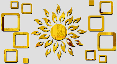 wall1ders 70 cm Sun Golden With 12 Square Golden Mirror stickers for wall, wall mirror stickers for Home & Offices. Self Adhesive Sticker(Pack of 1)