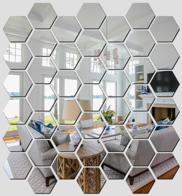 wall1ders 75 cm 45 Hexagon Silver with 10 Butterflies (Each Piece Size 10.5 cm x 12.1 cm) Hexagon mirror wall stickers, Mirror stickers for wall, wall mirror stickers for Home & Offices. Self Adhesive Sticker(Pack of 1)