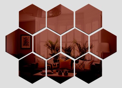 wall1ders 40 cm 10 Hexagon Brown (Each Piece Size 10.5 cm x 12.1 cm) Hexagon mirror wall stickers, Mirror stickers for wall, wall mirror stickers for Home & Offices. Self Adhesive Sticker(Pack of 1)