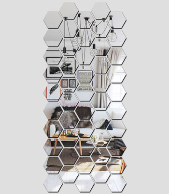 wall1ders 105 cm 50 Hexagon Silver with 10 Butterflies (Each Piece Size 10.5 cm x 12.1 cm) Hexagon mirror wall stickers, Mirror stickers for wall, wall mirror stickers for Home & Offices. Self Adhesive Sticker(Pack of 1)