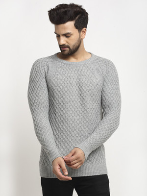Club York Self Design Round Neck Casual Men Grey Sweater