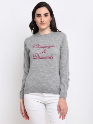 Club York Printed Round Neck Casual Women Grey Sweater