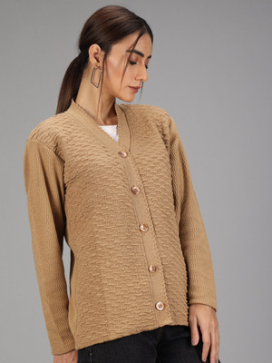eWools Solid V Neck Casual Women Beige Sweater