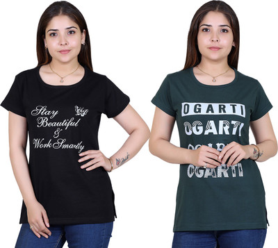 Ogarti Printed Women Round Neck Dark Green, Black T-Shirt