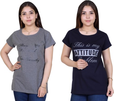 Ogarti Printed Women Round Neck Dark Blue, Grey T-Shirt