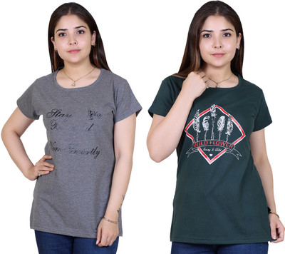 Ogarti Typography Women Round Neck Green, Grey T-Shirt