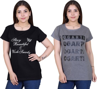 Ogarti Typography Women Round Neck Black, Grey T-Shirt
