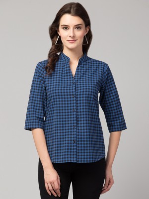 Hive91 Casual Checkered Women Dark Blue Top