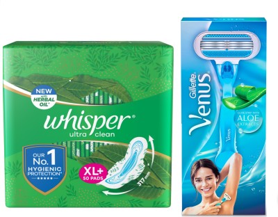 Whisper Ultra Clean 50s plus Venus Hair Removal Razor (Women Hygiene Combo) Sanitary Pad(Pack of 50)