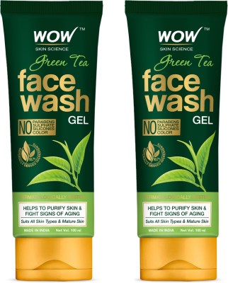 WOW SKIN SCIENCE Green Tea  Gel - Contains Green Tea, Aloe Leaf Extracts, Pro-Vitamin B5 & Vitamin E - For Purifying Skin - No Parabens, Sulphate, Silicones & Color - Pack of 2 - Net Vol. 200mL Face Wash(200 ml)