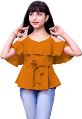 Fellamo Girls Casual Poly Crepe Off Shouldered Top(Yellow, Pack of 1)