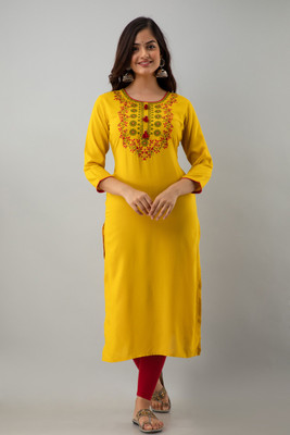 KIMAYRA Women Embroidered Straight Kurta(Yellow)
