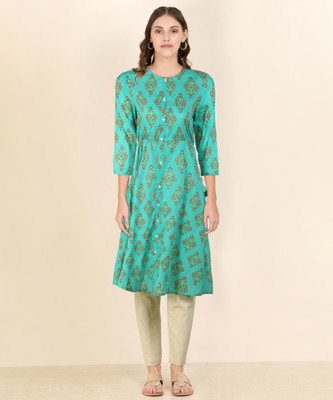 Anmi Printed Women Flared Kurta(Green)
