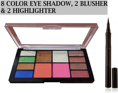 MYEONG PERFECT 8 COLOR EYE SHADOW & 2 BLUSHER & 2 HIGHLIGHTER MAKEUP KIT WITH EYE LINER WATERPROOF(Pack of 2)
