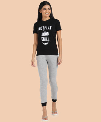 Rock Paper Scissors Women Graphic Print, Solid Black, Grey Top & Pyjama Set