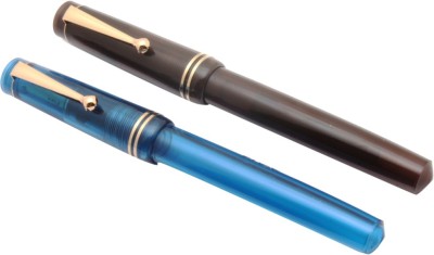 Ledos Click Aristocrat Full Demonstrator Amber & Blue Fountain Pens 3in1 Ink Filling System Broad Nib Golden Trims Pen Gift Set(Pack of 2, Blue)
