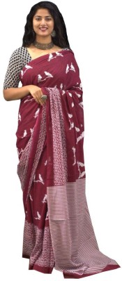 SUNDREESAREE Blocked Printed, Color Block, Floral Print, Printed Daily Wear Pure Cotton Saree(Maroon, White)