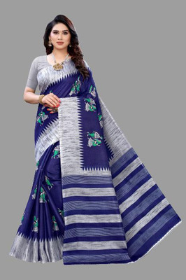 Priyashi Printed, Graphic Print Sambalpuri Art Silk Saree(Dark Blue, Grey)
