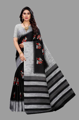 Priyashi Printed, Graphic Print Sambalpuri Art Silk Saree(Black, Grey)